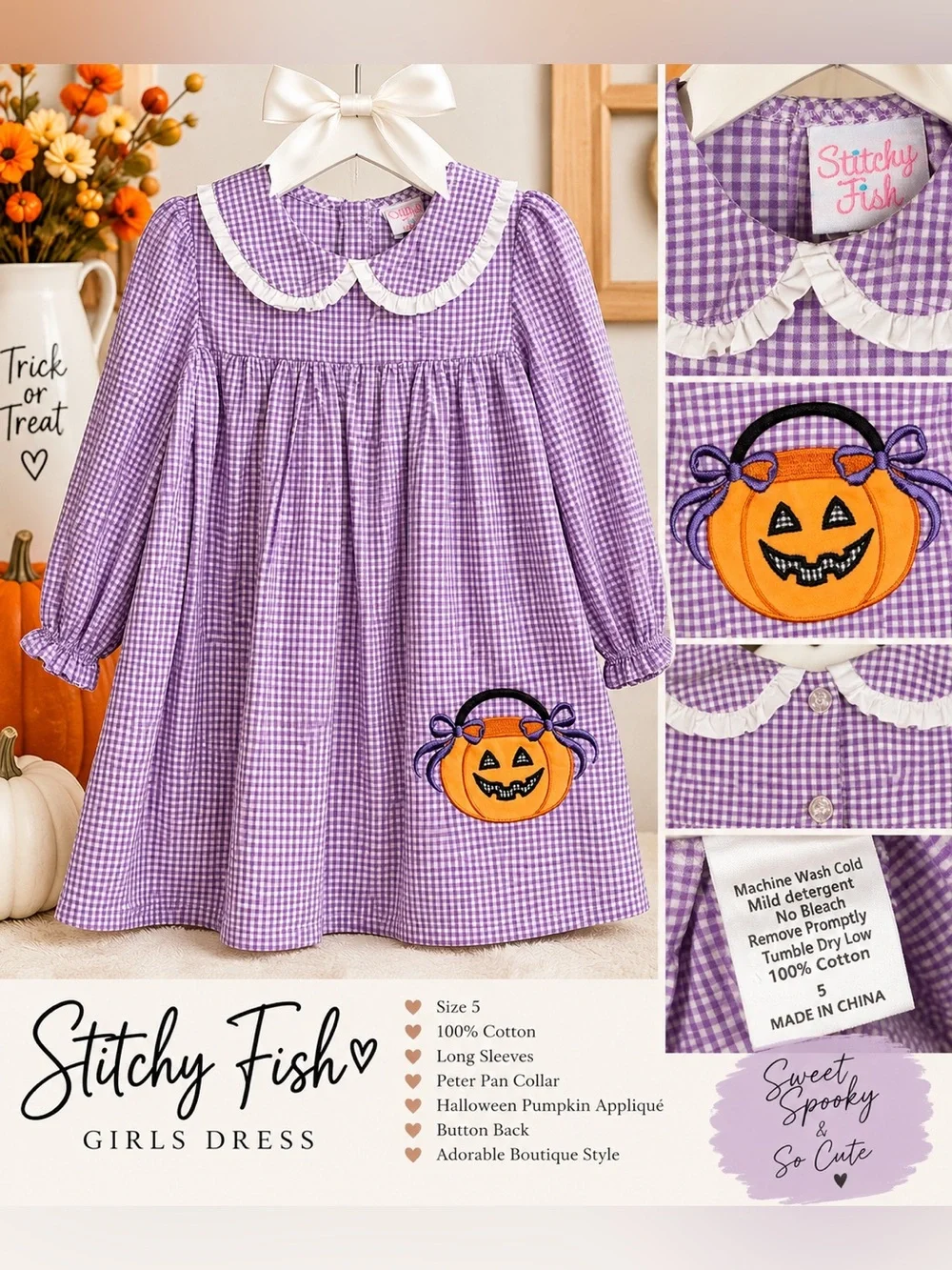 Stitchy Fish Girls Size 5 Halloween Purple Gingham Pumpkin Dress